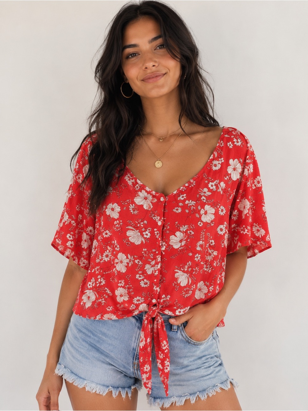 Red Floral Tie-Front Women’s Top